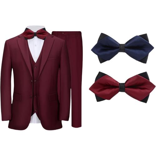 Size L Men Suits Slim Fit 3 Pieces, Two Button Wedding Suit Prom Suit for Men Business Suit Jacket Vest Pant and Two Bow-Ties