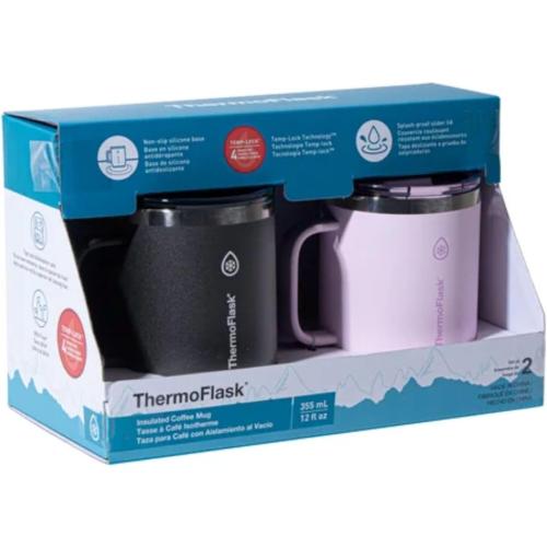 ThermoFlask Insulated Coffee Mug with Handle, Stainless Steel, Double-Wall Vacuum Insulated, 12 oz, 2-Pack (Black & Baby Pink)