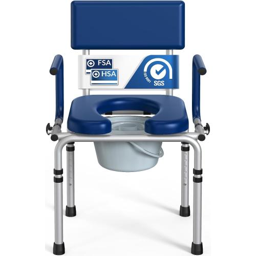 Drop Arm Bedside Commodes for Seniors, Potty Chair for Adults | Portable Commode Toilet with Padded Seat and Backrest, 400lbs Capacity, Height Adjustable, 6.3QT Bucket & Splash Guard, Blue