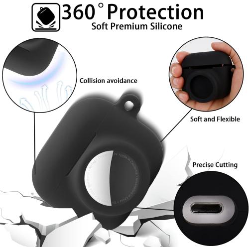2 in 1 Protective Case Combo Set Compatible for Apple AirPods 3(2021) AirTag, GPS Tracker Holder with 2 PCS TPU Screen Protector&Keychain, Soft Silicone Anti-Lost Anti-Scratch Skin Cover(Black)