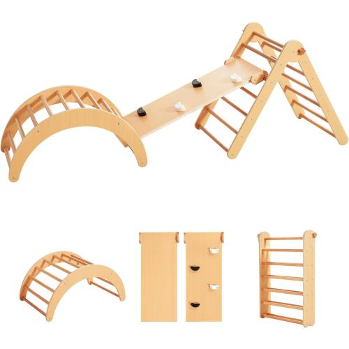 Beright 4 in 1 Pikler Triangle Gym, Montessori Foldable Climber with Ramp, Indoor Climbing Toys for Kids, Climbing Triangle for Toddlers Arch Climber, Rocker, Learning Waldorf Toy Structure, Natural