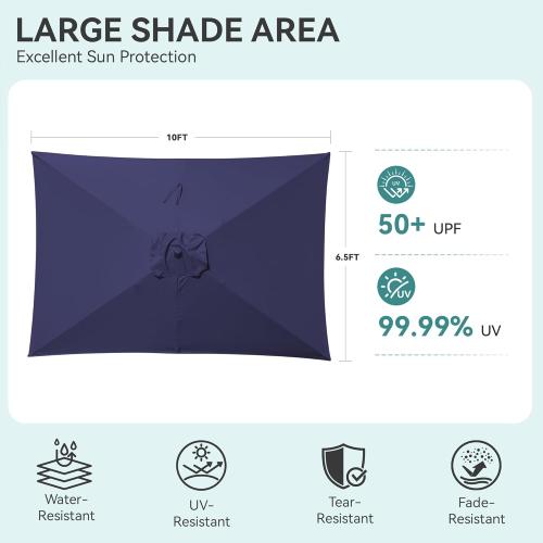 Rectangular Patio Umbrella, 6.5 x 10 ft Rectangle Table Umbrellas w/Heavy Duty Ribs, Effortless Crank and Push Button Tilt, Wind Resistant Sun Umbrella for Outdoor Patio, Navy Blue ‼️used‼️