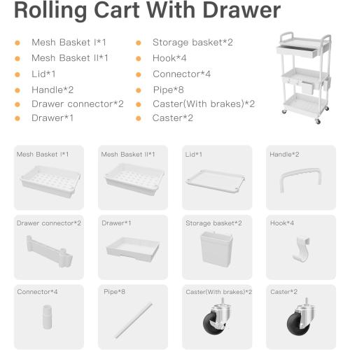 White 3 Tier Rolling Utility Cart with Drawer,REBECAT Utility Cart Made of Multifunctional Storage Organizer Tool for Kitchen,Bathroom,Living Room,Office(White)