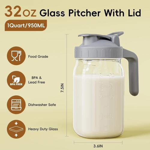 MOMCOZY Milk Pitcher Jug - 32 oz Glass Mason Jar Airtight Pitcher with Pour Spout Handle for Breastmilk, Iced Tea, Ice Drinks Storage Container