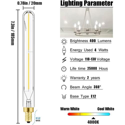 Leools E12 led Long Bulb,7.3 Inch Long Tubular Light Bulbs,T6 B11 Candelabra Bulb 40 watt for Chandeliers,Clear Glass,Daylight,4000K 400LM 4W Dimmable Tube Edison Bulb 6Pack