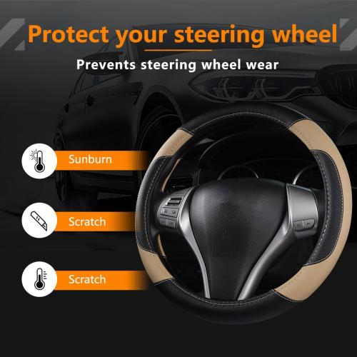 Leather Car Steering Wheel Cover, Universal Fit for Most Cars, Beige