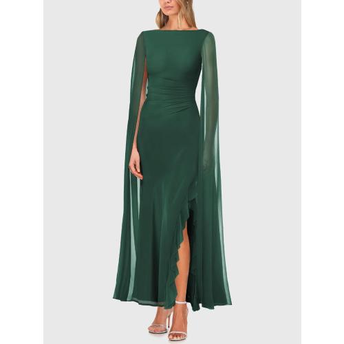 MEDIUM Lrady Women's Formal Evening Gowns High Split Ruffle Wedding Guest Cape Sleeve Cocktail Party Maxi Dresses