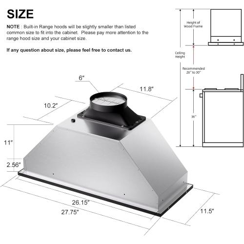 BRANO Range Hood Insert 30 Inch, 900 CFM Voice/Gesture/Touch Control Build-in Kitchen Hood Vent with 4 Speed Exhaust Fan, Memory Mode, Adjustable Lights, Ducted/Ductless Convertible