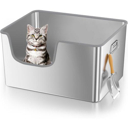 40L XXL Stainless Steel Litter Box with High Sides,No Sharp Edges for Big Cats Maine Coon,One-Piece Deep Stainless Steel Litter Boxes with Tall Sides,Anti-Leakage,Non-Sticky,Easy Clean(Front Entry)
