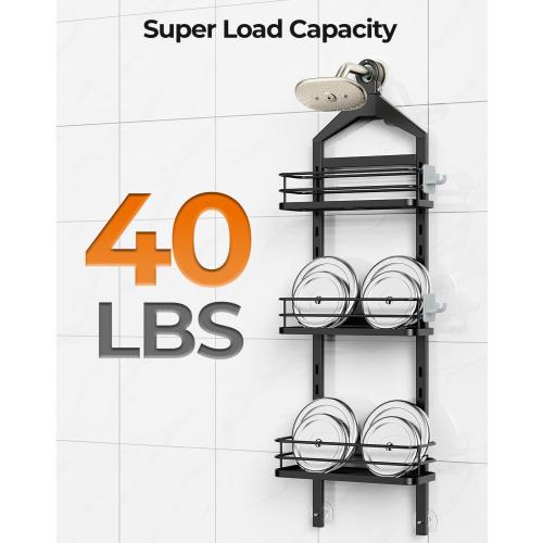 ODesign 3 Tier Height-Adjustable Shower Caddy Hanging Hanger Anti-Swing-Over The Shower Head Caddy-Shower Storage Organizer Bathroom Shelves Basket Shower Caddies-Black,11.9 x 4.84 x 36.2