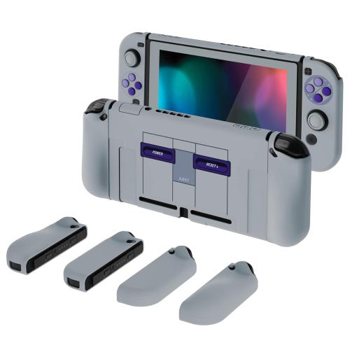 Grey & Purple PlayVital AlterGrips Ergonomic Grips Cover for Nintendo Switch, [2 Design] Interchangeable Comfort Dockable Protective Case with Screen Protector & Thumb Grip Buttons Caps - Classics SNES Style