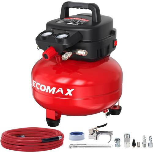 ECOMAX Air Compressor 6 Gallon 175 PSI Pancake Portable Oil-free Tank with 10 PCS Accessories Kit