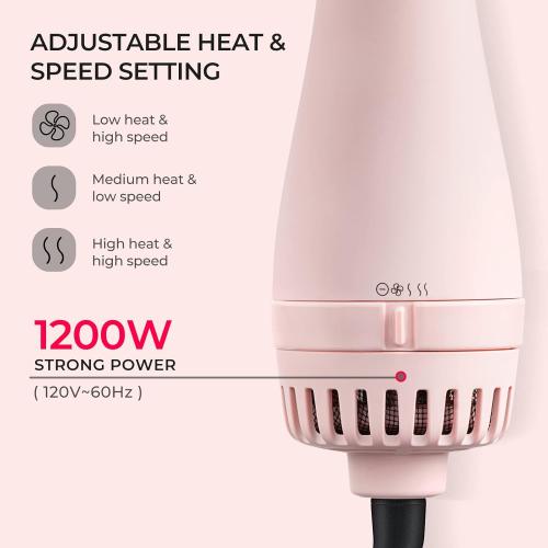 TYMO Pink Volumizer Hair Dryer Brush with Titanium Barrel, 1200W, 3 Speeds, Nylon Bristles, Ionic Technology, Salon Long-lasting Hairstyles, Hot Air Brush for Women, Designed for 120V USA Outlets