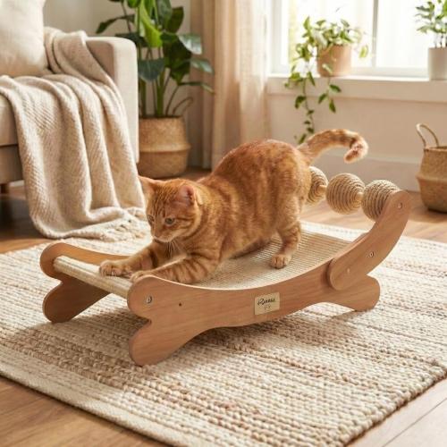 ‼️has mild fur ‼️Sisal Cat Scratcher Bed with 3 Toy Balls for Indoor Cats, Durable Wooden 3-in-1 Hammock Lounge & Scratch Pad - Modern Furniture for Large Cats, Scratching Post Lounger