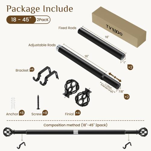 TVWOO Black Decorative Farmhouse Curtain Rods 2Pack:18-45 Adjustable Heavy Duty Single Window Curtain Rod for Bedroom Living Room,Black Boho Rustic Drapery Rods with Vintage Twist Finial Easy Install