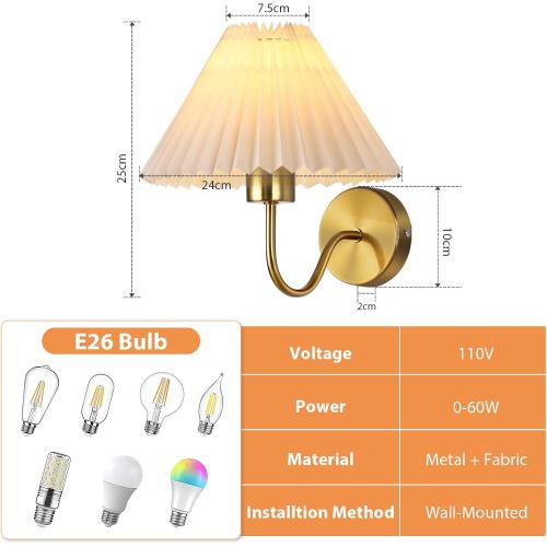 Gold Wall Sconces Sets of 2, Indoor Wall Light Fixtures with Fabric Lampshade, Pleated Fabric Wall Lamp Dresser Hardwired Lamp Wall Lighting Fixture for Bedroom Living Room Porch Dining Room