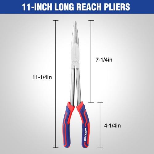 WORKPRO Premium 11” Extra Long Needle Nose Pliers, Paper Clamp Precision, Heavy-Duty CRV Steel, Soft Grip