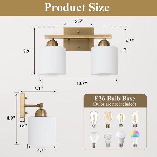 Mecgirn Milk Glass Vanity Lights for Bathroom, 2 Light Antique Matte Brass Bathroom Vanity Light Fixtures Over Mirror, Ceramic E26 Sockets Wall Mounted