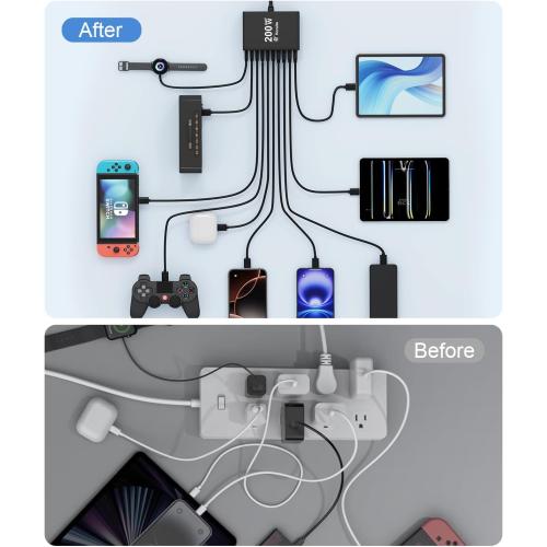 USB C Charging Station 10 Port with 4 USB Cables, 200W GaN Type C Charger Block, Wall Charger Power Strip Adapter Plug for iPad iPhone17 16 15 14 13 12 Pro Max Pixel Note Galaxy
