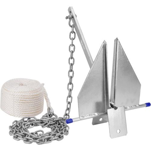 Heavy Duty Boat Anchor Kit, Fluke Style with Chain and Rope Set, Compatible with Pontoon, Deck, Fishing, and Sailboats, Galvanized Steel