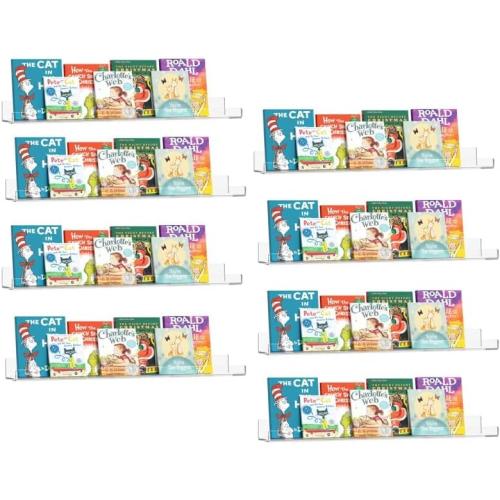 36 Inches Clear Acrylic Floating Shelves Wall, Bookshelf for Kids, Nursery Book Shelves, Magazine Rack, Picture Ledge Shelf for Photo Frames Vinyl Records, Pack of 8