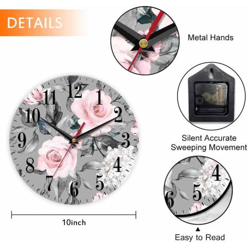Mxocom Pink Flowers and Leaves Wall Clock Artistic Watercolor Rose Flower Grey Spring 10 Inch Silent Non Ticking Battery Operated Clock Vintage Round Clock for Living Room Bedroom Bathroom Decor