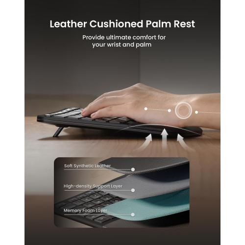 ProtoArc EKM01 Plus Wireless Ergonomic Keyboard Mouse Combo - Black | Full-size Split Keyboard with Cushioned Wrist Rest, Ergonomic Mouse, 3-Device Bluetooth/2.4G, USB-C Rechargeable