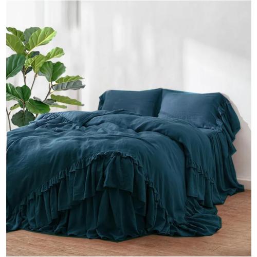 Linen Double Ruffle Duvet Cover Set, French Linen Bedding Set Shabby Chic Ruffled Duvet Cover with Extra Long Ruffles, Queen King Cal King 3 PCS Set (Grape, US King)