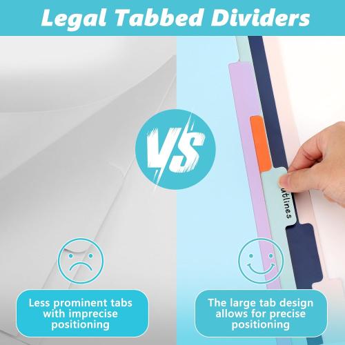 6 Sheets Platsic Legal Size 3 Ring Binder Dividers 9x14 Inch Legal Size Binder Divider Plastic Legal Tabbed Dividers Legal Index Dividers with 2 Cards Colorful File Separators for Office