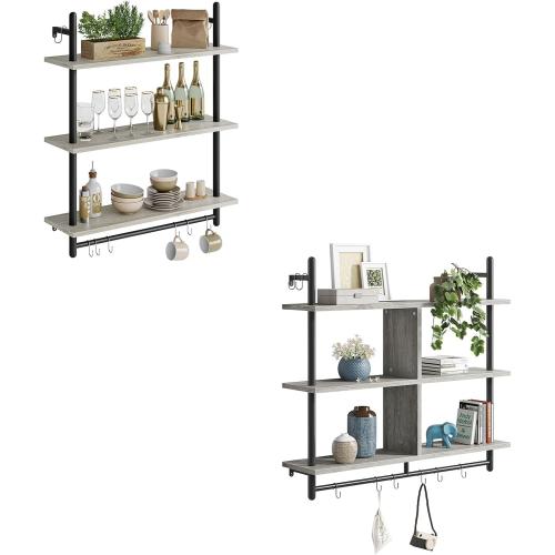 Bestier Floating Pipe Shelving Kitchen Shelves Wall Mounted 3 Tier Ladder Coffee Bar Shelf 3 Tier Bundle, Retro Grey