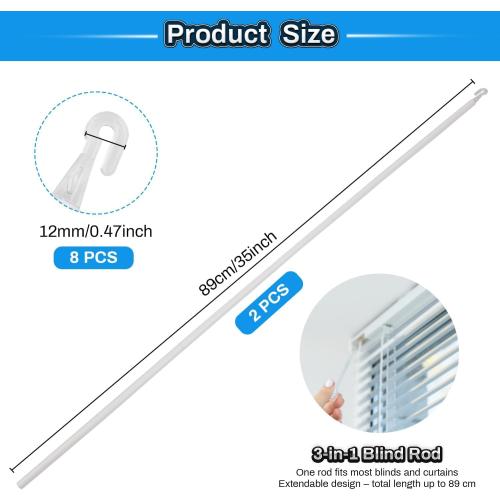 2 Pack 35 Blind Wand Replacement, White Tilt Wand with Hook and Grip for Vertical Blinds, Mini Blind Rod Stick Replacement for Window Curtains & Cordless Shades