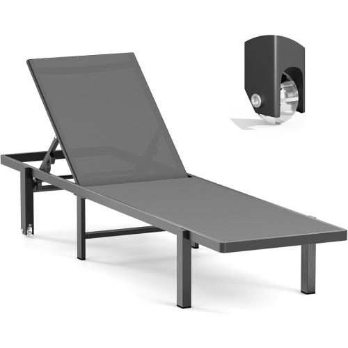 Aluminum Chaise Lounge Chair Outdoor with Wheels, Patio Lounge Chair with Adjustable 5-Position Recliner and Full Flat Tanning Chair for Patio, Beach, Pool, Grey