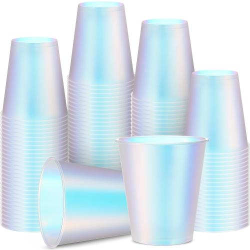 100 Pcs Iridescent Plastic Cups Rainbow Disposable Cups Holographic Party Clear Glitter Shiny Plastic Tumblers for Wedding Birthday Bachelorette Mermaid Party (Matte,12 oz)
