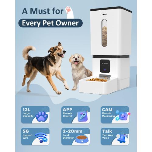 Automatic Dog Feeder Large Breed with Camera - 12L/50 Cups 5G WiFi App Control Dog Food Dispenser, Easy Setup, HD 1080P Video with Night Vision by Yakry