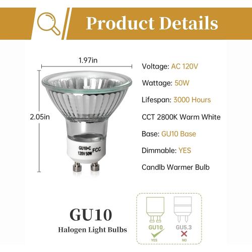 Elenhome GU10 Halogen Light Bulbs, 6 Pack 120V 50W Dimmable MR16 GU10 C Bulbs with Glass Cover, 2800K Warm White Scent Wax Burner Light Bulb & Recessed Light Bulbs for Candle Warmer Lamp