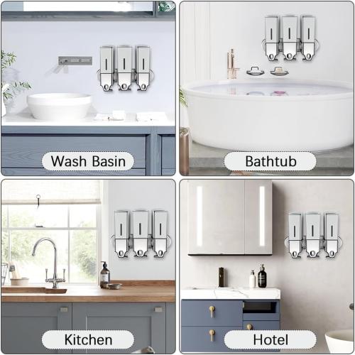 3 x 500ml per Cup Wall Mounted Manual Soap Dispenser for Home, Bath, Kitchen, Hotels, Restaurants. Shower and Lotion Dispenser (Silver)