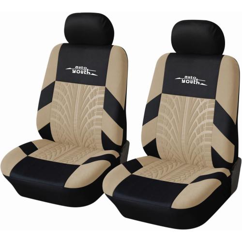 AUTOYOUTH Beige Seat Covers Front Seats Only, 3D Tyre Embossed Breathable Bucket Covers, Airbag Compatible, Quick Setup Universal Fit for Sedan, SUV, Truck, Van