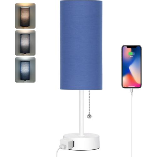 Dott Arts Table Lamp for Bedroom, 3-Color Bedside Lamps with Pull Chain, Bedroom Table Lamps for Nightstand,AC Outlet Small Lamp for Living Room, Bulb Included Blue