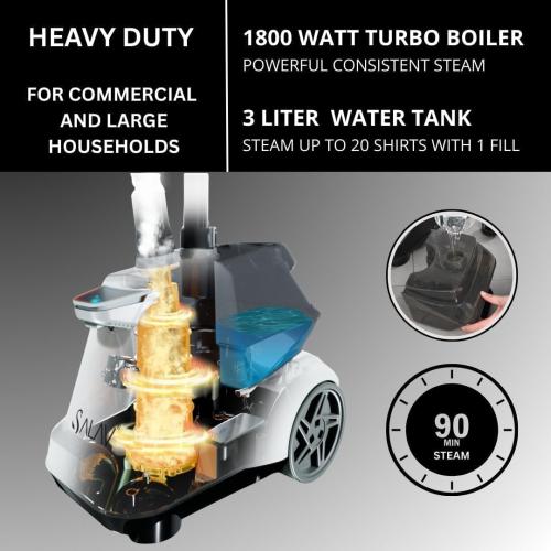 SALAV® Heavy Duty Commercial Full-Size Garment Steamer with Foot Pedals and Extra Large 3L (101.5 oz) Water Tank, 1800 watts, 90 min of Continuous Steam (White) (Renewed)