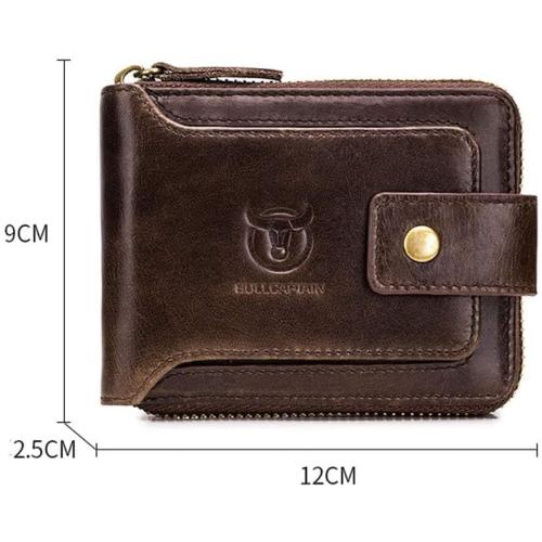 BULLCAPTAIN Genuine Leather Wallet for Men Large Capacity ID Window Card Case with Zip Coin Pocket QB-231 (Coffee)