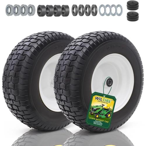 16x6.50-8 Tire and Wheel Assembly (2 Pack),Flat Free Lawn Mower Tires with Rim, Solid Rubber Riding Lawn Mower Tires and Wheels,3/4 Bearings (Extra 5/8 Bearings),3 Centered Hub(White)