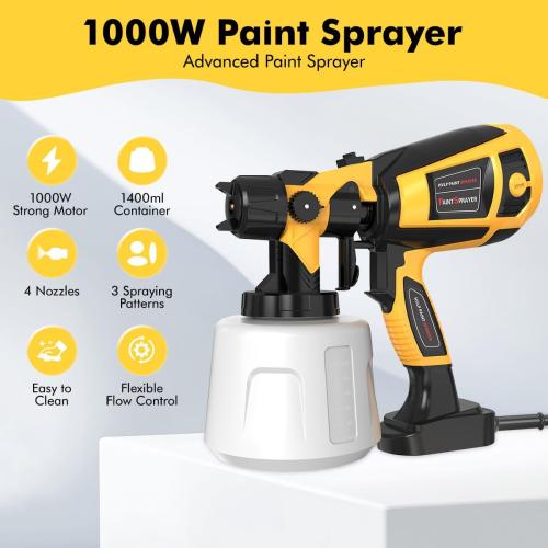 Paint Sprayer Tool 1000W High Power Electric Spray Paint Gun Easy to Clean for Furniture Cabinets House Painting Black