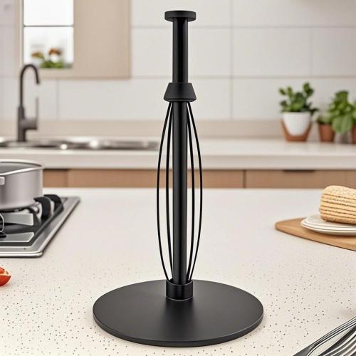 Paper Towel Holder Countertop, Stainless Steel Black Standing Weighted Paper Towel Holder with Non-Slip Suction Cup Base, One-Handed Tear Paper Roll Holder for Kitchen Bathroom