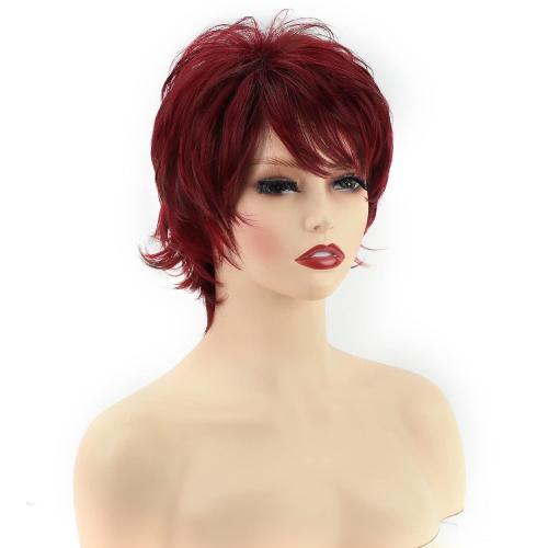 RENERSHOW Short Red Pixie Cut Wavy Wigs for White Women with Bangs Burgundy Highlight Synthetic Wig 6 Inch