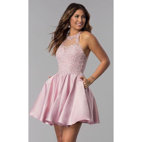 Size 17W Color Grey Satin Lace-Applique Homecoming Dresses Short with Pockets Halter Cocktail Dresses