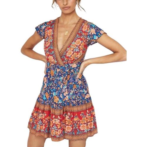 KoHaL'..Size M...Women's Mini Boho Floral Dress Deep V-Neck Wrap Summer Dress Tie Waist Swing Flowy Beach Dress Bohemian Sundress