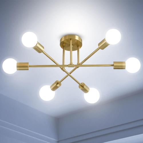 Gold Modern Sputnik Chandelier, 6 Light Flush Mount Ceiling Light Fixture, Mid Century Light Fixture Ceiling Mount for Kitchen Island Bedroom Dining Living Room Foyer UL Listed