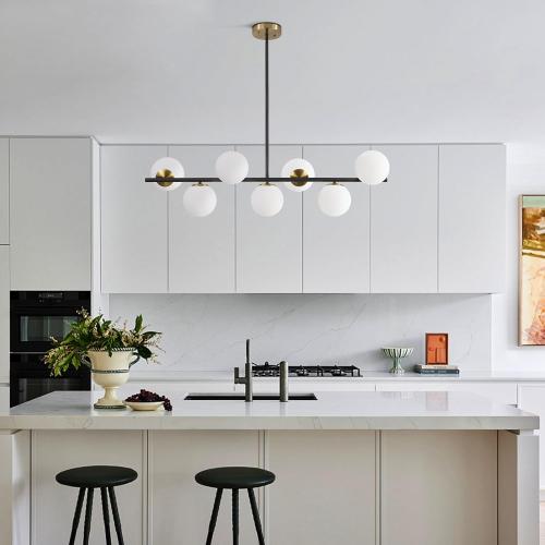KCO Lighting Black and Brass Linear Pendant Light Mid Century Modern Sputnik Chandelier 7 Lights Milk Glass Globe Kitchen Island Pendant Lighting for Dining Room Living Room