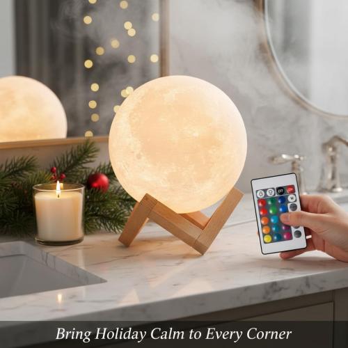 Mydethun 3D Moon Lamp with 16 Colors, 148 Lighting Modes, 15cm Rechargeable Dimmable Night Light with Wooden Stand – Unique Gift for Women, Mothers, Children, Bedroom, Tabletop