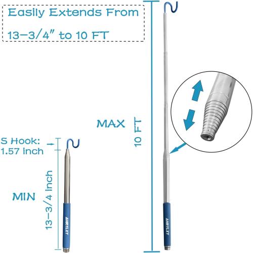 Blue 10 FT Telescoping Pickup Tool Magnetic Pole with Hook, Telescopic Push Pull Rod Wire Reacher Grabber Disc Golf retriever, Telescopic Magnetic Pick-Up Tool
